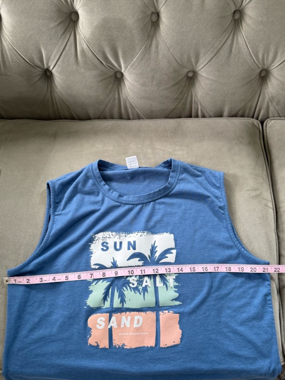 Women's Sleeveless T-Shirt, Blue, “SUN, SALT, SAND” Logo, Size XL - Picture 4 of 8